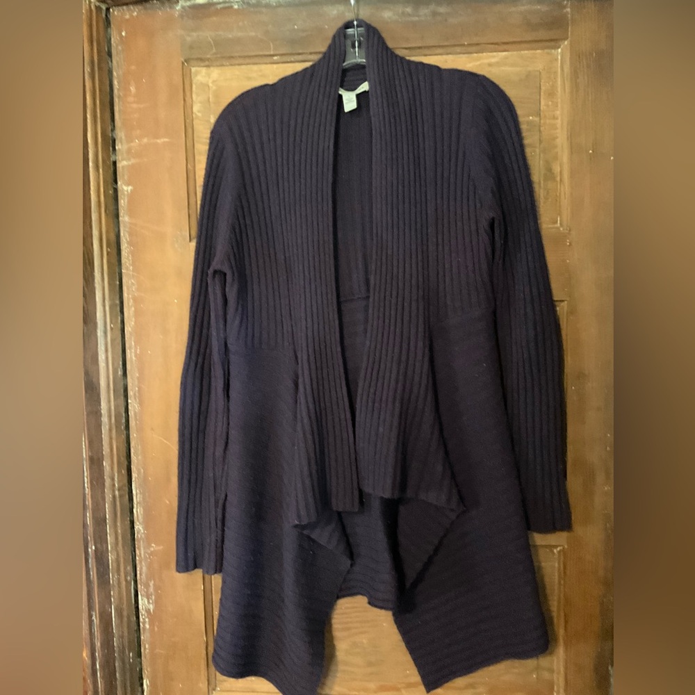 Autumn Cashmere Eggplant Purple Rib Drape Waterfall Cardigan Size S